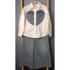 Джинсовый комплект для девочки, рубашка с сердцем и джинсы палаццо, рост 130 см