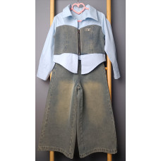 Джинсовый комплект для девочки, рубашка с сердцем и джинсы палаццо, рост 140 см