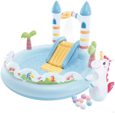 Детский надувной игровой центр Intex 56148 Unicorn Castle 196 × 178 × 127 см – яркий аквапарк с горкой и фонтаном для малышей (IND-56148)