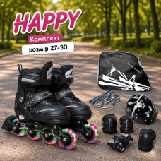 Роликовые коньки Happy Black (27–30) — комплект с защитой, сумкой и инструментами (DP-1246776586)