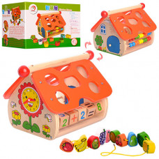 Сортер развивающий центр деревянный KIDWILL SL-413 счеты, сортер, часы, шнуровка, домик (SL-413-58-TB)