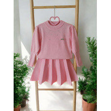 Вязаный костюм для девочки с юбкой плиссе и джемпером со стразами, Розовый, рост 110 см