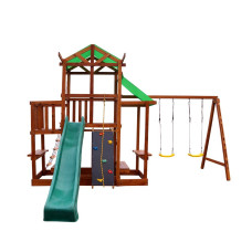 Детский деревянный игровой комплекс SportBaby Babyland-9 для дачи с горкой 3 м, качелями, домиком и скалодромом, длина 7 м (SB-1900)